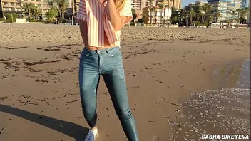 Wet shoot on a public beach with crazy model risky outdoor masturbation foot fetish pee in jean