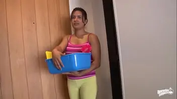 Cleaning woman with oiled fucking